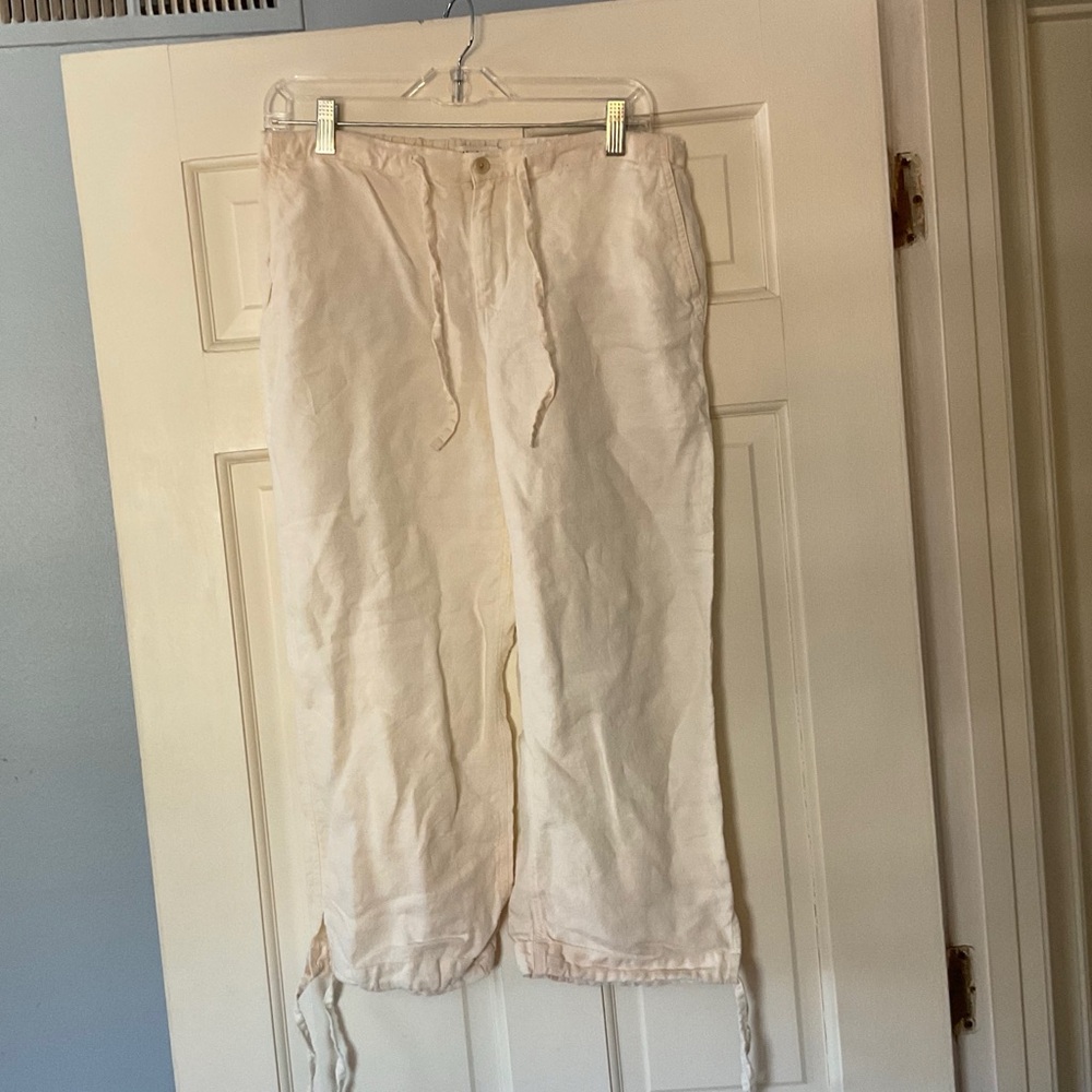 Banana Republic Women’s Linen Pants Size 8 Ecru Tie Cuff Beachy Coastal Nautical